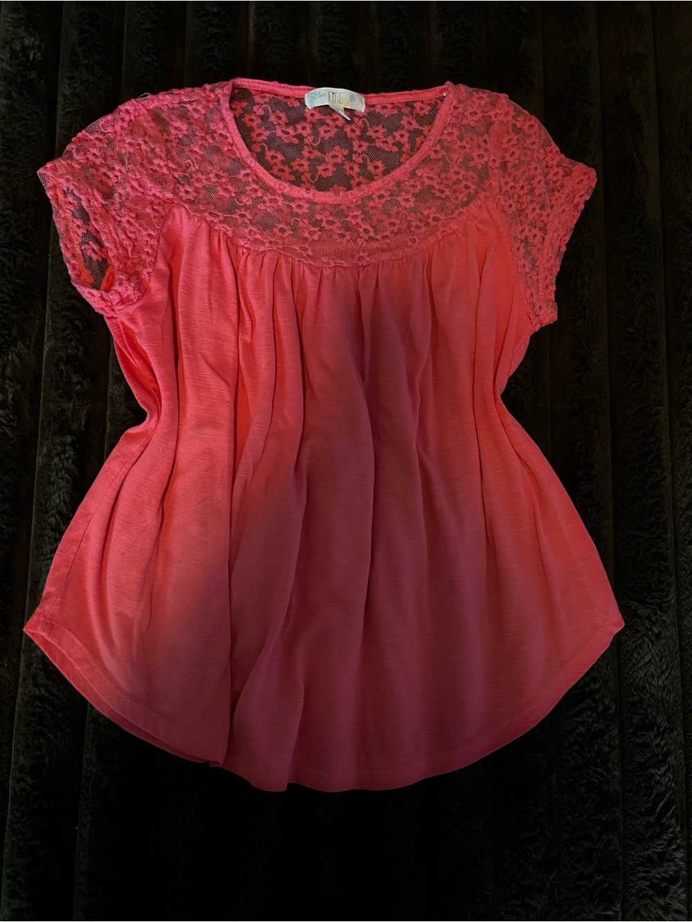Women's Pink Crochet Yoke Short Sleeve Blouse